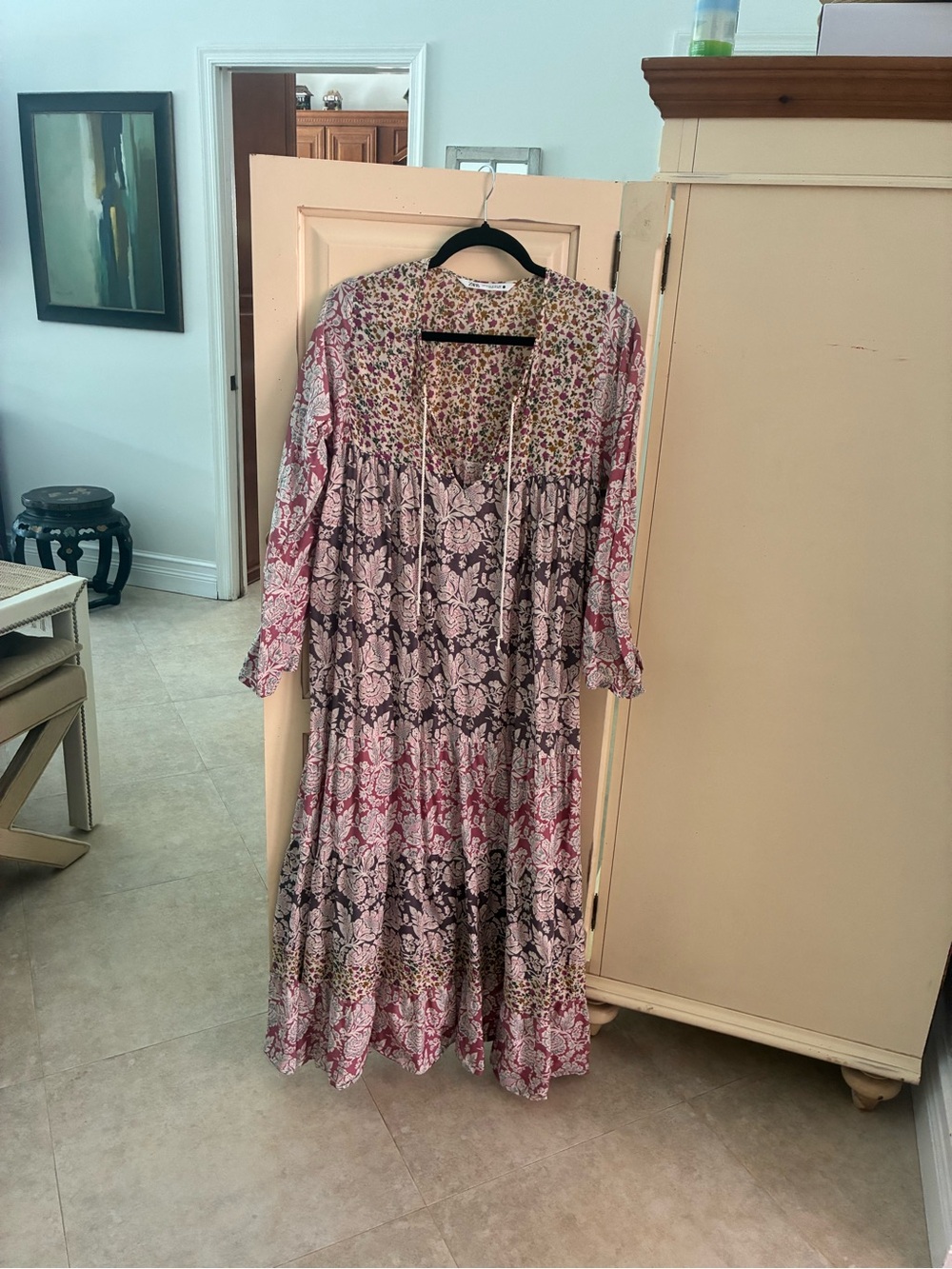 Zara Pink Floral Tiered Oversized long sleeve Maxi Dress